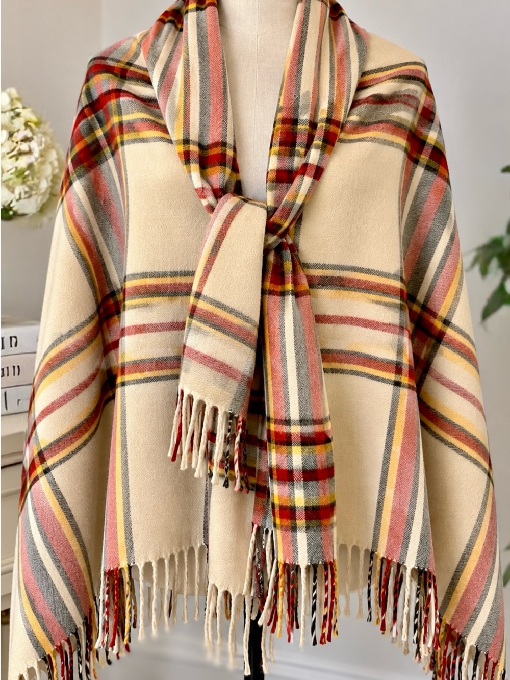 Cream Plaid Fringe Cape Shawl with Multicolor Stripe Accents